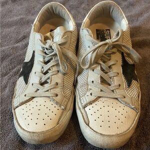 Golden Goose Beige Leather & Black Star Low-Top Sneakers